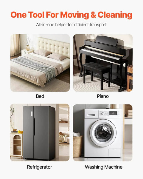 Bed, piano, refrigerator, and washing machine with text promoting Furniture Dolly, 4 Pack 6-Inch Steel Tri-Dolly with 360° PP Swivel Wheels.