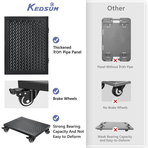 Comparison of heavy duty furniture dolly with brake wheels and thickened iron panel versus a standard dolly without brakes