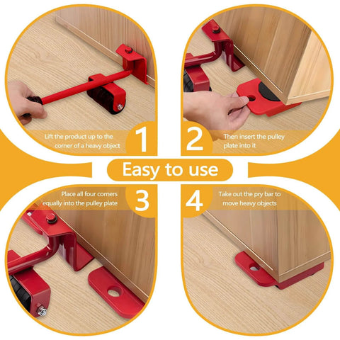 Four-step guide using Heavy Duty Furniture Lifter And Dolly Set With Wheels For Pallets 1322 Lbs Load Capacity Adjustable Appliance Rollers For Table Refrigerator Cabinet Yellow to move furniture.