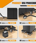 Product use procedure for Heavy Duty 1500LBS Furniture Dolly & Movers with 5X 360° Wheels, showing step-by-step lifting and moving process.