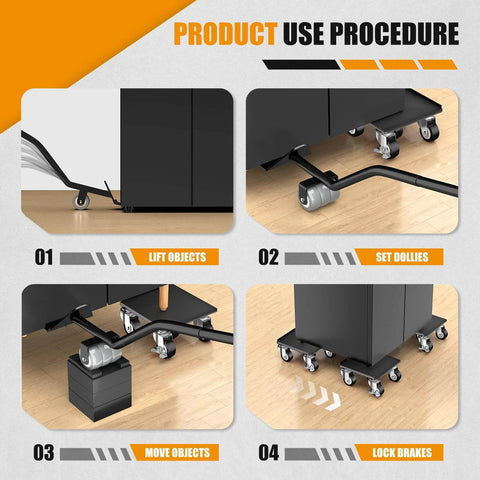 Product use procedure for Heavy Duty 1500LBS Furniture Dolly & Movers with 5X 360° Wheels, showing step-by-step lifting and moving process.