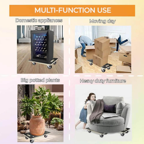Illustration showing heavy duty wood furniture dolly set of 2 with 4 wheels, 22 x 11 inch platform in use for moving appliances and furniture.