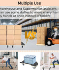 Heavy duty spliceable wood furniture dolly set of 2 in use, moving boxes in warehouse with forklift comparison