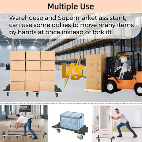 Heavy duty spliceable wood furniture dolly set of 2 in use, moving boxes in warehouse with forklift comparison