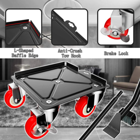 Furniture Dolly Set 5 Wheels Heavy Duty, Furniture Movers with Silent Rubber Wheels, 360° Rotation with Brake, 1400Lbs Load Capacity, Furniture Lifter shown with L-Shaped Baffle Edge, Anti-Crush Tow Hook, and Brake Lock in a living room setting.