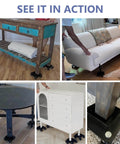 1500LBS Furniture Movers with Wheels, Heavy Duty Furniture Dolly Set of 4 in action under assorted furniture including sofa and table.