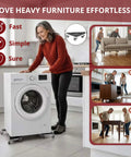 Heavy Duty Furniture Dolly Set with Lifter, 360° Rotating Rollers, Floor Protection, shown moving a washing machine.