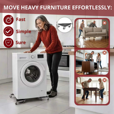 Heavy Duty Furniture Dolly Set with Lifter, 360° Rotating Rollers, Floor Protection, shown moving a washing machine.