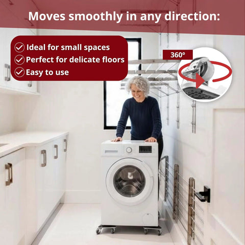 Heavy Duty Furniture Dolly Set with Lifter, 360° Rotating Rollers, woman moving washing machine in laundry room