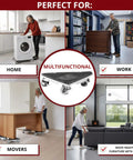 Image showing Heavy Duty Furniture Dolly Set with Lifter, 360° Rotating Rollers in home and office settings, moving various furniture.