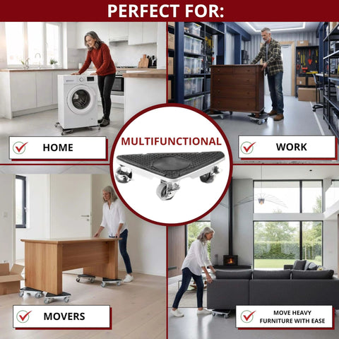 Image showing Heavy Duty Furniture Dolly Set with Lifter, 360° Rotating Rollers in home and office settings, moving various furniture.