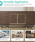 Sideboard on heavy duty adjustable furniture moving dolly set of 2 with 4 swivel caster wheels showcasing usage in various settings.