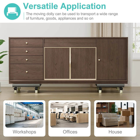 Sideboard on heavy duty adjustable furniture moving dolly set of 2 with 4 swivel caster wheels showcasing usage in various settings.