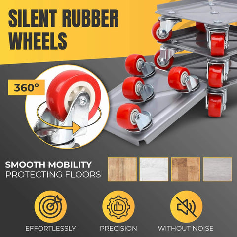 Furniture Moving Dolly Set with 5 Wheel System, Heavy Duty 2300 lb Capacity, 360° swivel casters close-up showing silent rubber wheels.