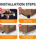 Installation steps for furniture movers with 360° wheels, showing anti-slip pad, pry bar, and moving dollies under cabinet.