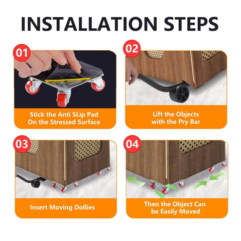 Installation steps for furniture movers with 360° wheels, showing anti-slip pad, pry bar, and moving dollies under cabinet.