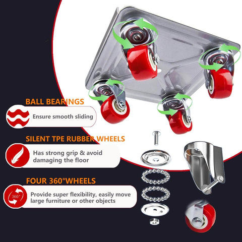 ✝️ Furniture Dolly Sliders with 360° Rotation Wheels and bearings for smooth motion, shown upside down highlighting red wheels and components.
