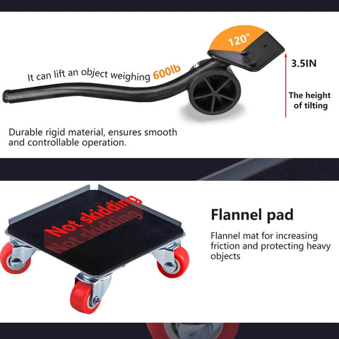Furniture Dolly Sliders, Furniture Movers with 360° Rotation Wheels, Furniture Lifter Tool Set, showing 600lb lifting capability and flannel pad
