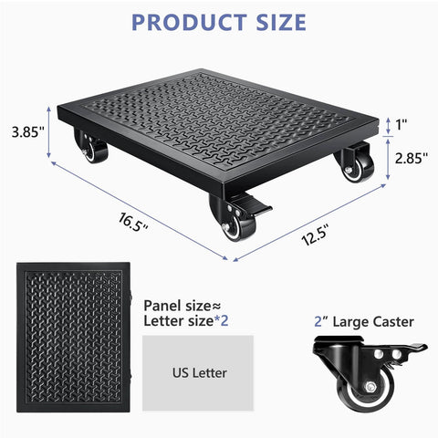 Heavy Duty Furniture Dolly 2000lbs Capacity, 4 Wheel Movers with Brakes, 16.5" x 12.5" steel platform, size diagram