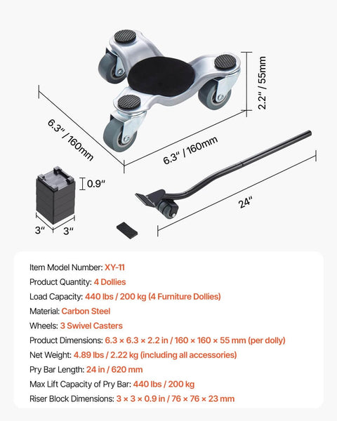 Furniture Dolly, 4 Pack 6-Inch Steel Tri-Dolly with 360° PP Swivel Wheels and Non-Slip Cap, 3 Wheels Furniture Lift Mover Tool Set specifications
