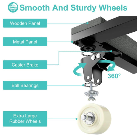 Heavy duty adjustable furniture moving dolly set of 2 with 4 swivel caster wheels, detailed view of caster brake and wheel structure