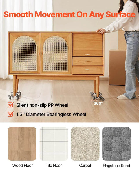 Furniture Dolly, 4 Pack 6-Inch Steel Tri-Dolly with 360° PP Swivel Wheels moving wooden cabinet on various floor types