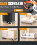 Usage scenarios for heavy duty 1500LBS furniture dolly & movers with 5X 360° wheels, shown moving fridge, bed, cabinet, and sofa.