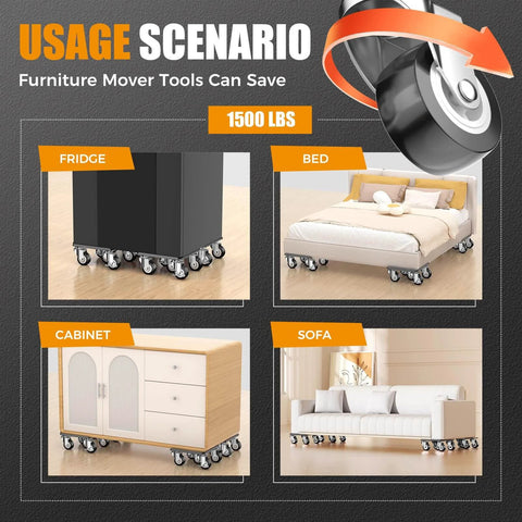Usage scenarios for heavy duty 1500LBS furniture dolly & movers with 5X 360° wheels, shown moving fridge, bed, cabinet, and sofa.