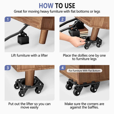 Steps to use 1500 lb heavy duty furniture dolly with anti slip groove design, includes lifting and placing under flat-bottom furniture.