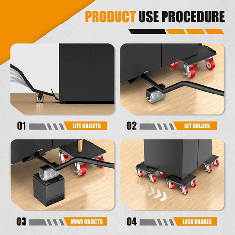 Product use procedure for ✝️ Heavy Duty 1500LBS Furniture Dolly & Movers with 5X 360° Wheels showing steps for lift, set, move, lock