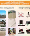 Multi-purpose dolly usage examples and safety warnings for heavy duty wood furniture dolly set of 2 with 4 wheels.