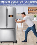 Person using 1500LBS Furniture Movers with Wheels to move refrigerator in kitchen, visible furniture dolly set of 4 and baffles