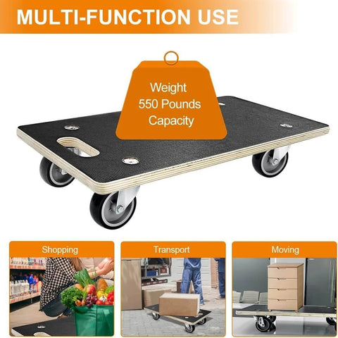Heavy duty wood furniture dolly set of 2 with 4 wheels, showing silent swivel casters and non slip surface, 550 lb load display