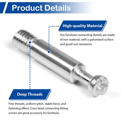 Close-up of 16Pcs 35mm Galvanized Iron Connecting Fittings M6 Dowels Screws Fasteners For Cabinet Drawer Dresser Wardrobe Panels