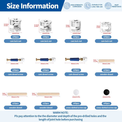 All In One 285Pcs 3 In 1 Eccentric Wheels Kit For Furniture Assembly With Cam Lock Fasteners Dowel Pins Nut And Bolt Set Pre Inserted Nuts Compatible With IKEA size chart