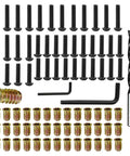 Furniture Fastener Set With Wood Inserts And Quarter Inch 20 Bolts Includes Drill Bit And Wrenches displayed; assorted sizes and tools