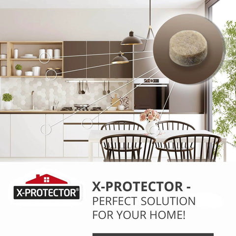 Felt furniture pad in modern kitchen with X-Protector branding.