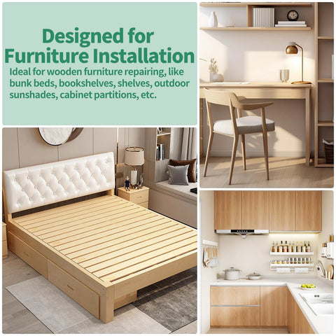 Composite image showing furniture installation ideas with wooden bed, desk, and kitchen shelving; designed for various applications.
