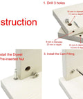 Instructions for 3 in 1 furniture connecting fittings kit with 30 cam fittings, dowels, and pre-inserted nuts assembly process.