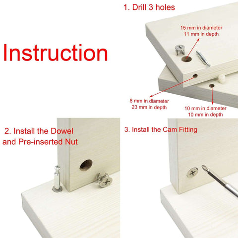 Instructions for 3 in 1 furniture connecting fittings kit with 30 cam fittings, dowels, and pre-inserted nuts assembly process.