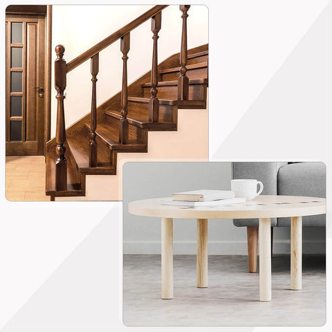 Wooden stairs and round table showcasing M8x50mm Hanger Bolts, 8pcs 31mm Wood Dowel Screw Self-Tapping Screw with 8pcs M8x20mm Threaded Insert Nuts Interface Hex Socket Drive, for Joint Furniture Legs.