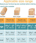 Size chart for furniture leg protectors showing diameter, side length, and perimeter for round, square, and irregular leg shapes.
