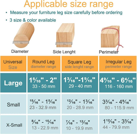Size chart for furniture leg protectors showing diameter, side length, and perimeter for round, square, and irregular leg shapes.