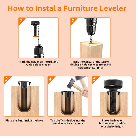 Installation steps for Beefy And Adjustable Furniture Levelers Three Eighths Inch UNC Thread Feet, supporting up to 1320 lbs with T Nuts.