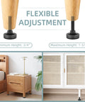 Four-pack adjustable furniture levelers with 3/8-16 threads lift and level tables, chairs, desks and cabinets, supporting up to 1320 lbs total while protecting floors and simplifying stable, balanced setups shown on bed and cabinet.