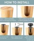 Installation steps for four-pack adjustable furniture levelers with 3/8-16 threads lift and level tables, chairs, and desks.
