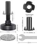 Heavy Duty M10 Furniture Levelers With T Nut Kit, Adjustable Leveling Feet components with dimensions and wrench, 8 Pack Kit