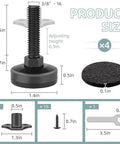 Four-pack adjustable furniture levelers with 3/8-16 threads lift and level tables, chairs, desks and cabinets, components shown.