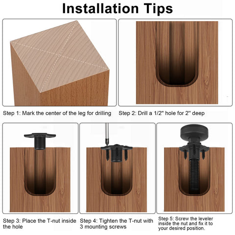 Installation steps for Beefy Heavy Duty Furniture Levelers With T Nut Kit Three Eighths Inch 16 Thread Adjustable Levelers.