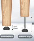 Furniture Leveling Feet 2 Pieces M6 Threaded Adjustable Levelers And Leg Extenders For Cabinets Sofas Tables And Chairs Raiser With 50mm Height Adjustment, showing height adjustment range and threaded mechanism, with wood leg.